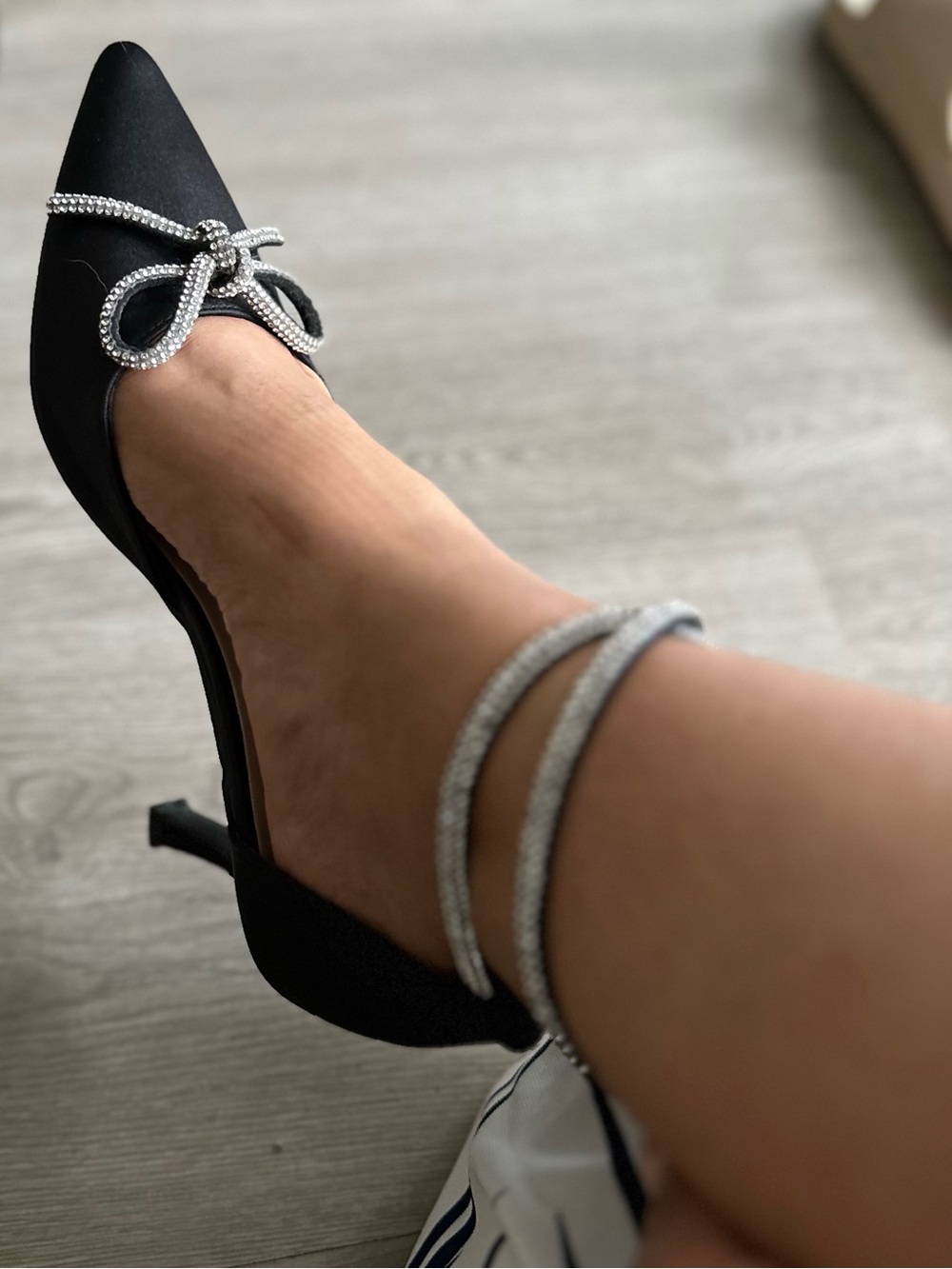 Black Pointed Toe Ankle Tie Flats with Crystal Bow - Picture 3 of 6